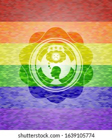 depression icon inside emblem on mosaic background with the colors of the LGBT flag