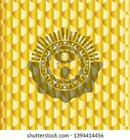 depression icon inside gold badge or emblem. Scales pattern. Vector Illustration. Detailed.