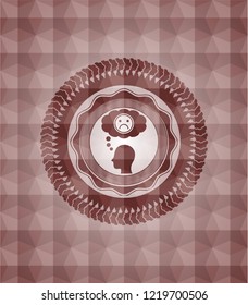 depression icon inside red emblem with geometric pattern background. Seamless.