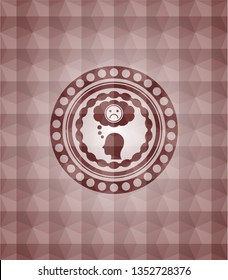 depression icon inside red emblem or badge with geometric pattern background. Seamless.