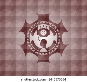 depression icon inside red emblem or badge with geometric pattern background. Seamless.