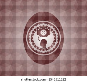 depression icon inside red emblem with geometric pattern background. Seamless.