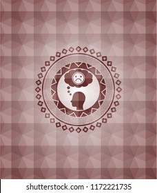 depression icon inside red seamless emblem with geometric pattern background.