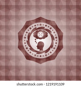 depression icon inside red seamless badge with geometric pattern.