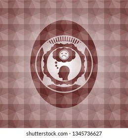 depression icon inside red seamless emblem or badge with abstract geometric pattern background.