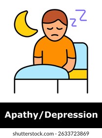 Depression icon. Person sitting on bed at night with sad face, symbolizing insomnia, emotional distress, and mental fatigue.