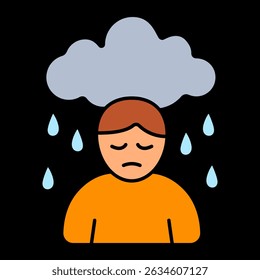 Depression icon. Person under dark cloud with raindrops symbolizes sadness, low mood, or mental illness associated with persistent negative emotions.