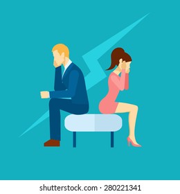 Depression icon with sad man and woman sitting on the couch flat vector illustration