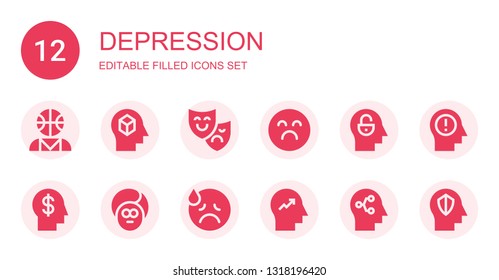 depression icon set. Collection of 12 filled depression icons included Psychologist, Mind, Theatre mask, Sad, Face