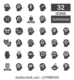 depression icon set. Collection of 32 filled depression icons included Mind, Cry, Psychologist, Stress, Theatre mask, Sad