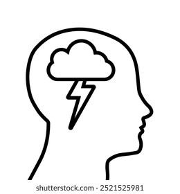 Depression Icon Vector illustration. Outline of a head with a cloud and lightning. Depressed disease Symbol. Brainstorming. Anger and anxiety, pessimism, stress, frustration, Unhappy sad Person.