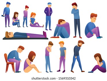 Depression icons set. Cartoon set of depression vector icons for web design