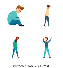 Depression icons set cartoon vector. Young depressed character. Health issues concept