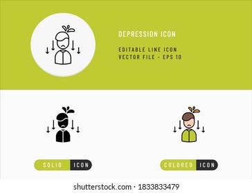 Depression icons set editable stroke vector illustration. Stress human pressure concept. Icon line style on isolated background for ui mobile app, web design, and presentation.