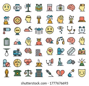 Iconos de depresión establecidos. Conjunto de esquemas de iconos vectoriales de depresión color de línea delgada plano sobre blanco