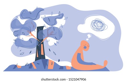 Depression illustration. A man is sitting under a tree. Confused thoughts, sadness, psychological problems. Vector illustration in cartoon style.