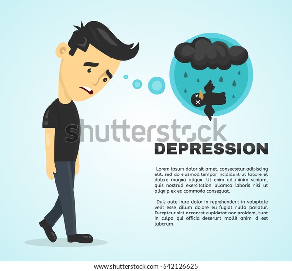 うつ病のインフォグラフィックコンセプト ベクター平面の漫画のイラストアイコンデザインポスター 悲しい憂鬱な青年の特徴 のベクター画像素材 ロイヤリティフリー 642126625