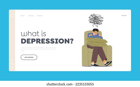 Depression Landing Page Template. Male Character with Life Problems. Depressed Man with Bewildered Thoughts in Mind Sitting in Armchair and Crying. Unhappy Emotion, Grief. Cartoon Vector Illustration