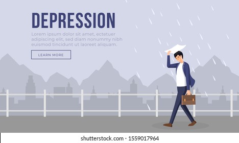 Depression landing page template vector illustration. Businessman character in bad mood walking while raining . Gloomy city scenery, stressed man, anxiety problem web page flat design