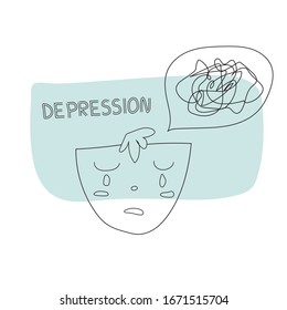  Depresión. Ilustración vectorial de línea de una   hombre en un estado mental depresivo. Esbozo de arte de doodle triste y desgarrador. Psicología, estrés, mal humor.