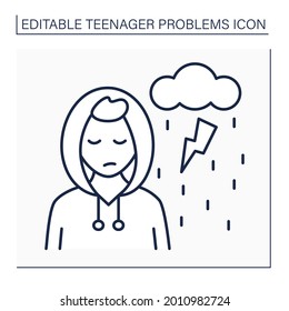 Depression line icon. Mood disorder. Loneliness and sadness. Avoid communication. Misunderstanding. Teenager problem concept. Isolated vector illustration. Editable stroke