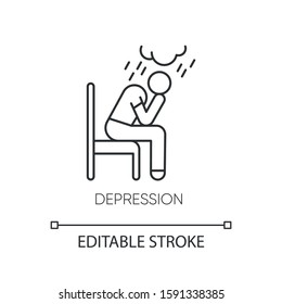 Depression linear icon. Crying person. Chronic exhaustion and fatigue. Frustration and stress. Mental disorder. Thin line illustration. Contour symbol. Vector isolated outline drawing. Editable stroke