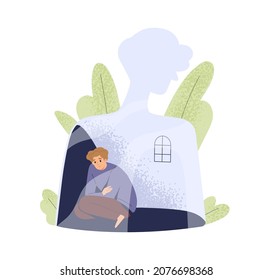 Depression and loneliness concept. Sad person trapped by his fears, complexes and mental problems. Unhappy depressed man in grief and despair. Flat vector illustration isolated on white background