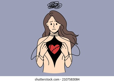 Depression and love hurting concept. Stressed depressed woman standing and showing her red injured heart in breast vector illustration 