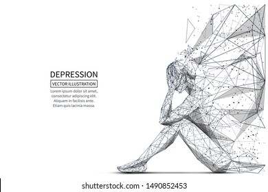 Depression low poly banner template. 3d polygonal woman. Depressed sitting girl, psychological disease concept art with connected dots and lines. Lonely person vector color wireframe mesh illustration