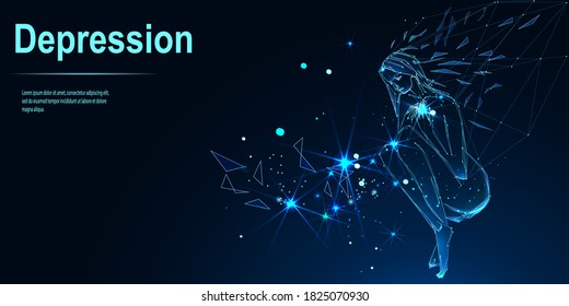 Depression Low-Poly-Banner-Vorlage. 3D-Polygonal-Frau. Depressive Mädchen, psychologische Krankheitskonzeption Kunst mit verbundenen Punkten und Linien. Low-Poly-Wireframe-Vektorbanner-Vorlage. 