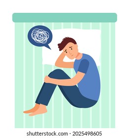 Depressionsmann, der auf dem Bett liegt und seine Knie in flachem Design umarmt. Trauriger Typ macht sich Sorgen um sein Problem. Unglückliches Gefühl.