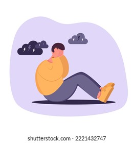 Depression man sit on the floor. Young MAN confused. Anxiety disorder. Insane messy line.