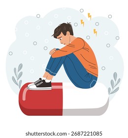 Depression and medication dependence concept with sad cartoon man sitting on a giant pill capsule. Vector illustration of antidepressant addiction, mental health treatment, pharmacy, psychological problem and stress.
