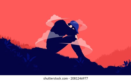 Depression in men - Depressed young male person sitting outdoors alone suffering from mental health problems. Vector illustration