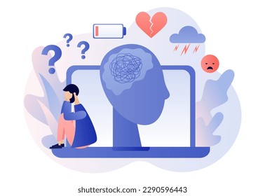 Depresión mental. Hombre deprimido sentado en una laptop. El concepto de salud mental y psicoterapia. Ansiedad, estrés, agotamiento emocional y otros problemas psicológicos. Estilo moderno de dibujos animados planos. Vector 