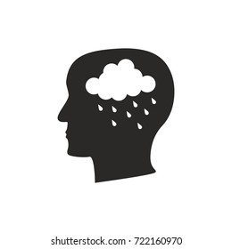 Depression mental disease icon. Stock vector illustration of a human profile with a raining cloud on brain's place.