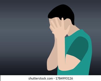 Depression Mental disorder, finding answers, confusion concept. Man suffering from depression, closing face with palms in despair trying to solve complex problems vector concept