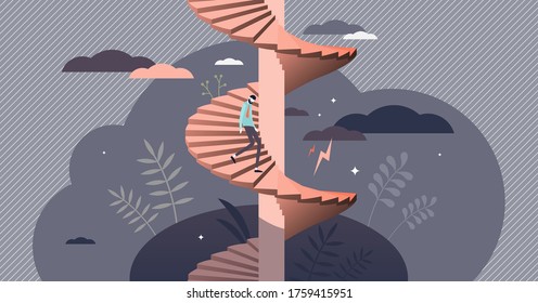 Depression mental feeling spiral in flat tiny persons vector illustration. Symbolic emotional state with frustration, confusion and dark negative mood. Abstract problem worry and crisis visualization.