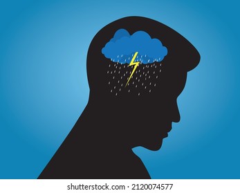 Depression mental health concept. Silhouette of a man with rain cloud in his head, sadness sorrow