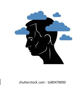 Depression mental health and high anxiety vector conceptual illustration or logo visualized by man face profile and dark clouds over his head.