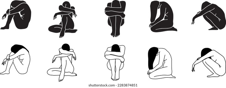 Depression. Mental Health. Silhouettes outline of girls in a depressed state. Neurosis, fatigue.