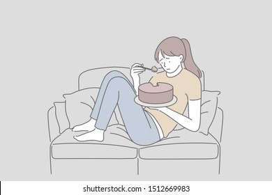 Depression, mental health, stress concept. Upset sad young woman or girl eating cake, sweets, fastfood. Unhappy lady or student in a bad mood or on the verge of a psychological breakdown.