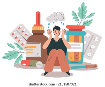 Depression mental illness medication drugs pills dependence concept.  Vector cartoon design element illustration