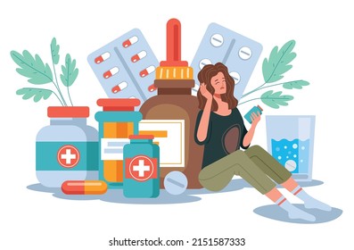 Depression mental illness medication drugs pills dependence concept.  Vector cartoon design element illustration