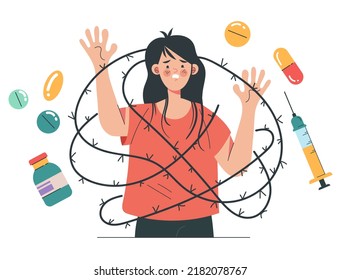 Depression mental illness medication drugs pills dependence concept. Vector cartoon design element illustration