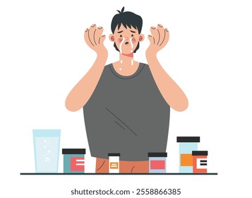 Depression mental illness medication drugs pills dependence concept. Vector cartoon design element illustration