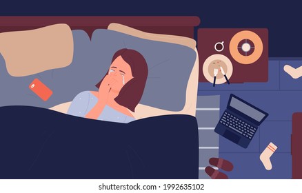 Problema mental de depresión, ilustración vectorial de emociones deprimidas. Caricatura de una joven solitaria y disgustada personaje de mujer tendida en la cama sola, una adolescente infeliz llorando, necesita antecedentes de terapia psicológica