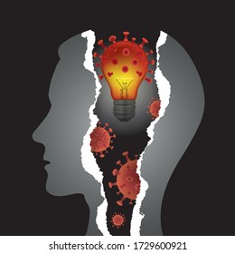 

Depression, mental problems in coronavirus pandemic time.
Torn paper Male head in profile with bulb in the shape of coronavirus. Vector available.