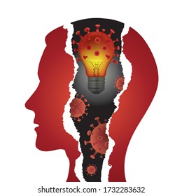 Depression, Mental problems in coronavirus pandemic time. Male head in profile with with bulb in the shape of coronavirus. Vector available.
