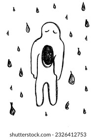 depression mental rain in my mind line pencil black and white vector art